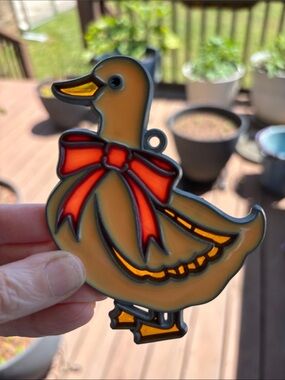 🪿 Vintage Goose or Duck with Bow Sun Catcher faux stained glass 1980s decor